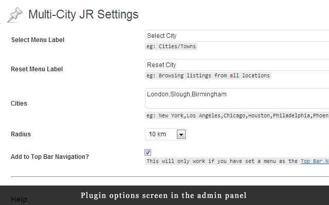 Plugin options screen in the admin panel